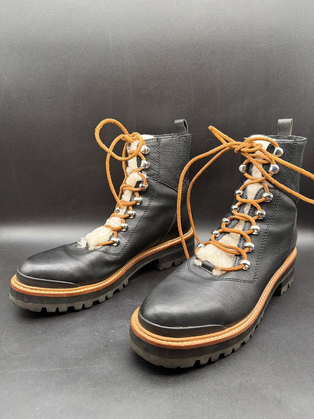 Marc Fisher LTD Izzie Boots Womens 8 Black Leather Shearling Hiker Lug Sole